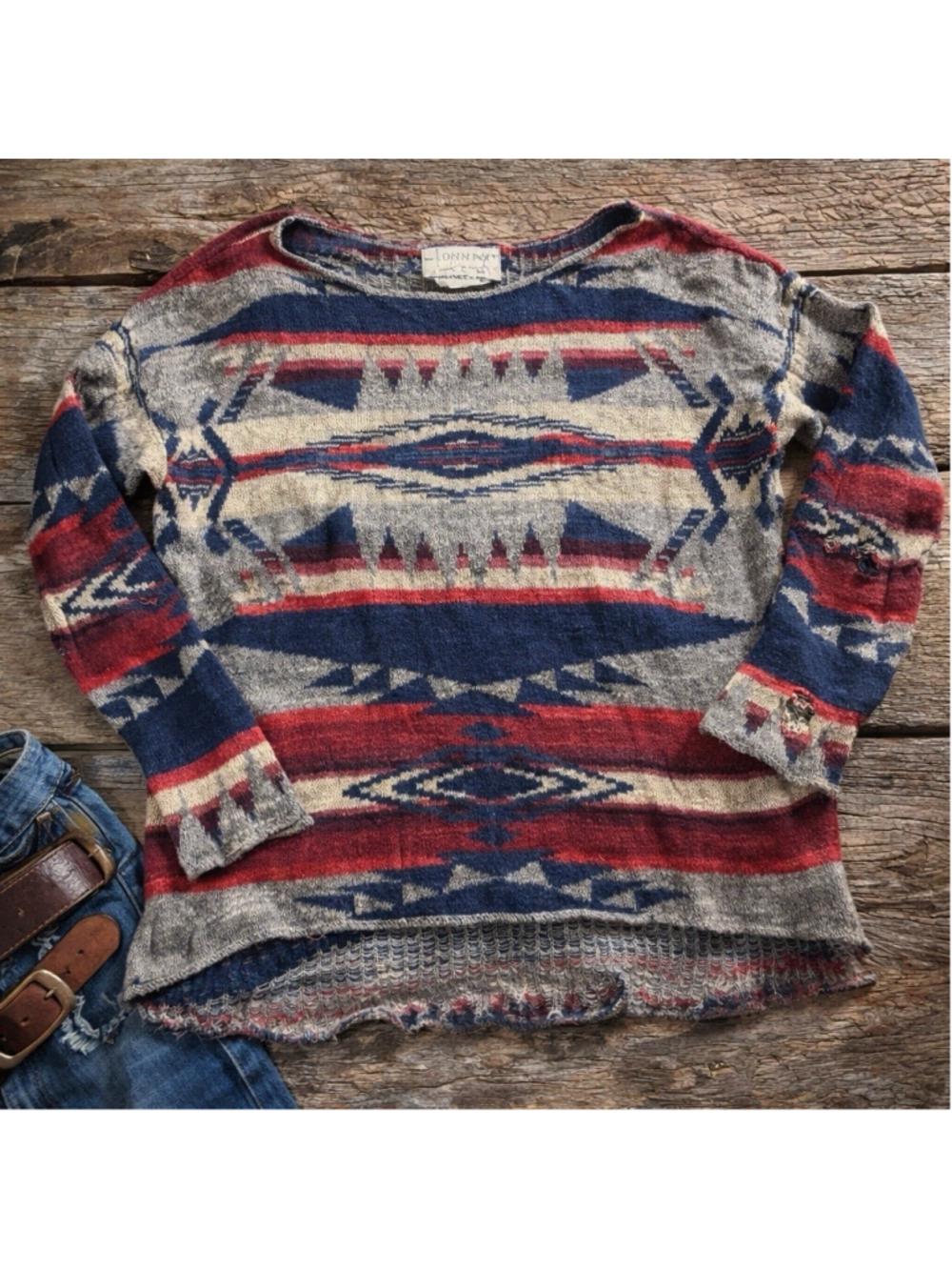 Ralph Lauren Denim & Supply Southwestern Navajo Distressed Knit Sweater Med Red